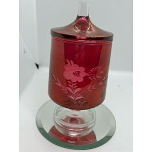 VTG 9” Cranberry Flash Glass Etched Apothecary, Candy Pedestal Floral Jar W Lid